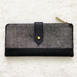 Fossil Clutch Wallet Glitter Black Cowhide Leather Sparkly Card Holder Zip Pouch